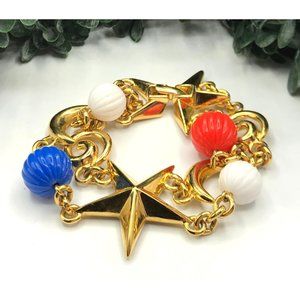 Vintage bracelet gold tone red blue white beads by Monet 7.5" length
